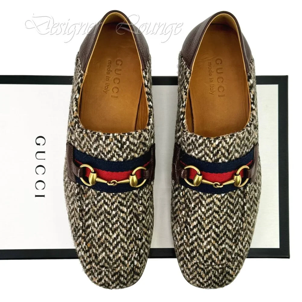 NEW GUCCI Horsebit Herringbone Tweed & Leather Loafers G 8 / US 8.5 Authentic - Picture 3 of 10